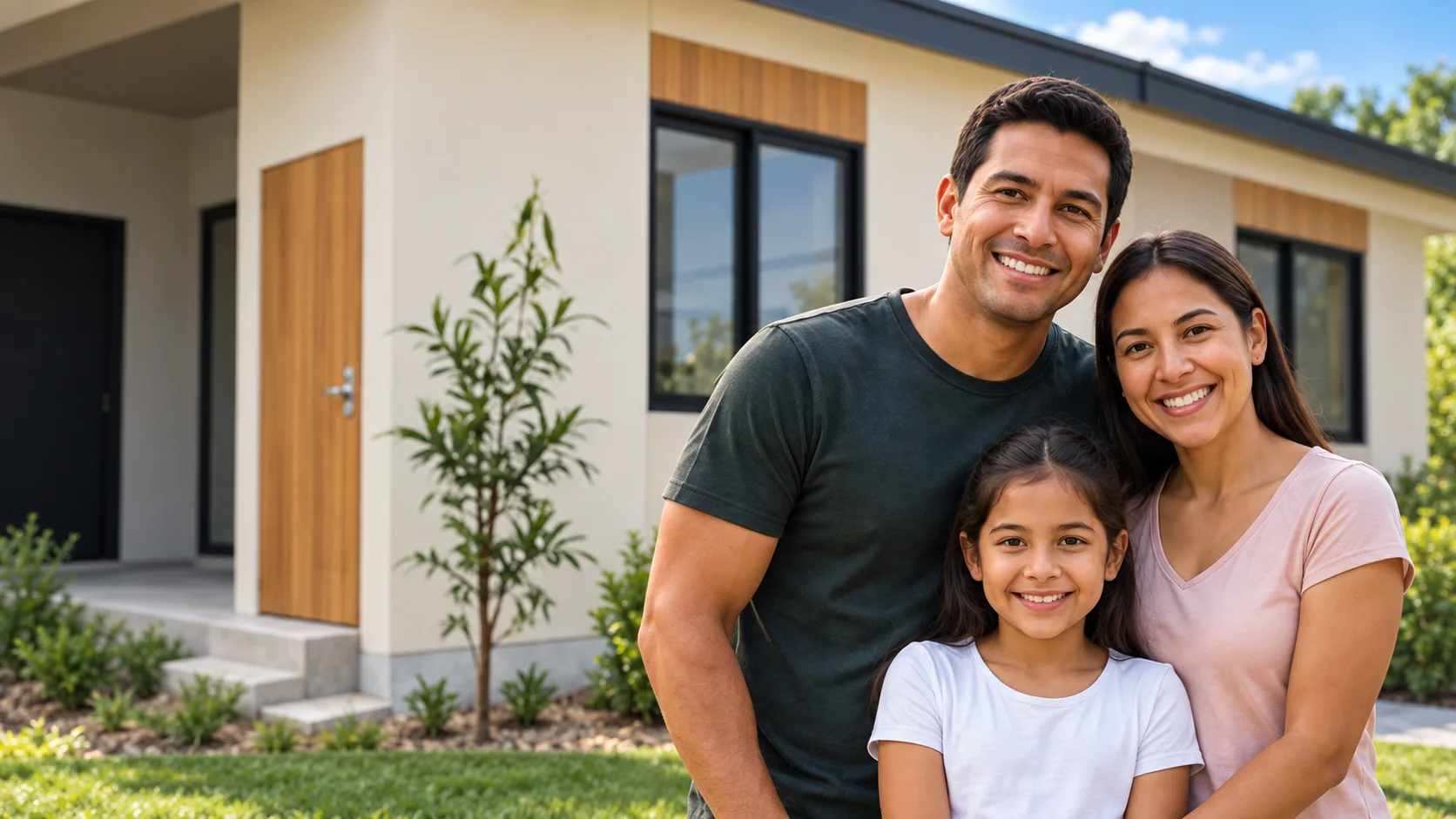 Familia sonriente frente a su vivienda construida por Premier Constructores