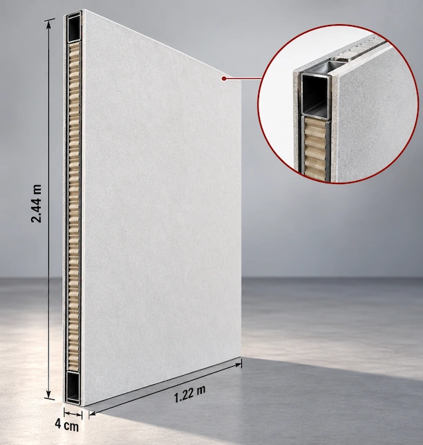 Dimensiones del panel SuperWall: 2.44 m de alto, 1.22 m de ancho y 4 cm de espesor, con detalle del perfil
